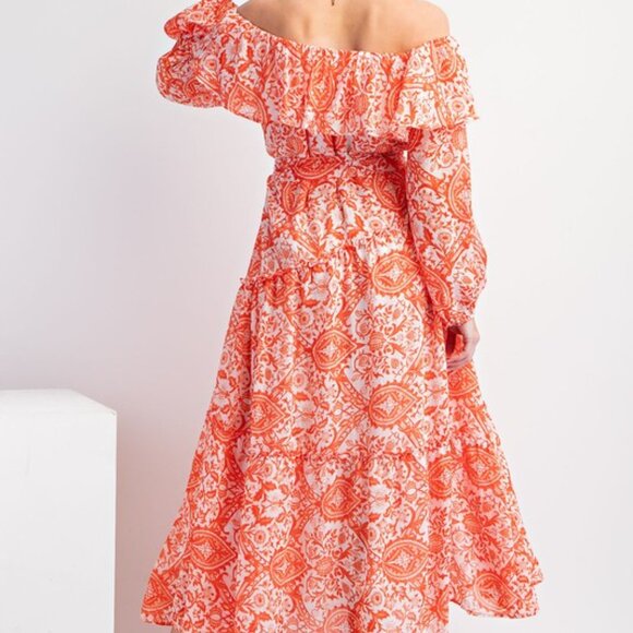 Easel Sunset Orange Printed Off-Shoulder Maxi Dress NWT L - Picture 3 of 10